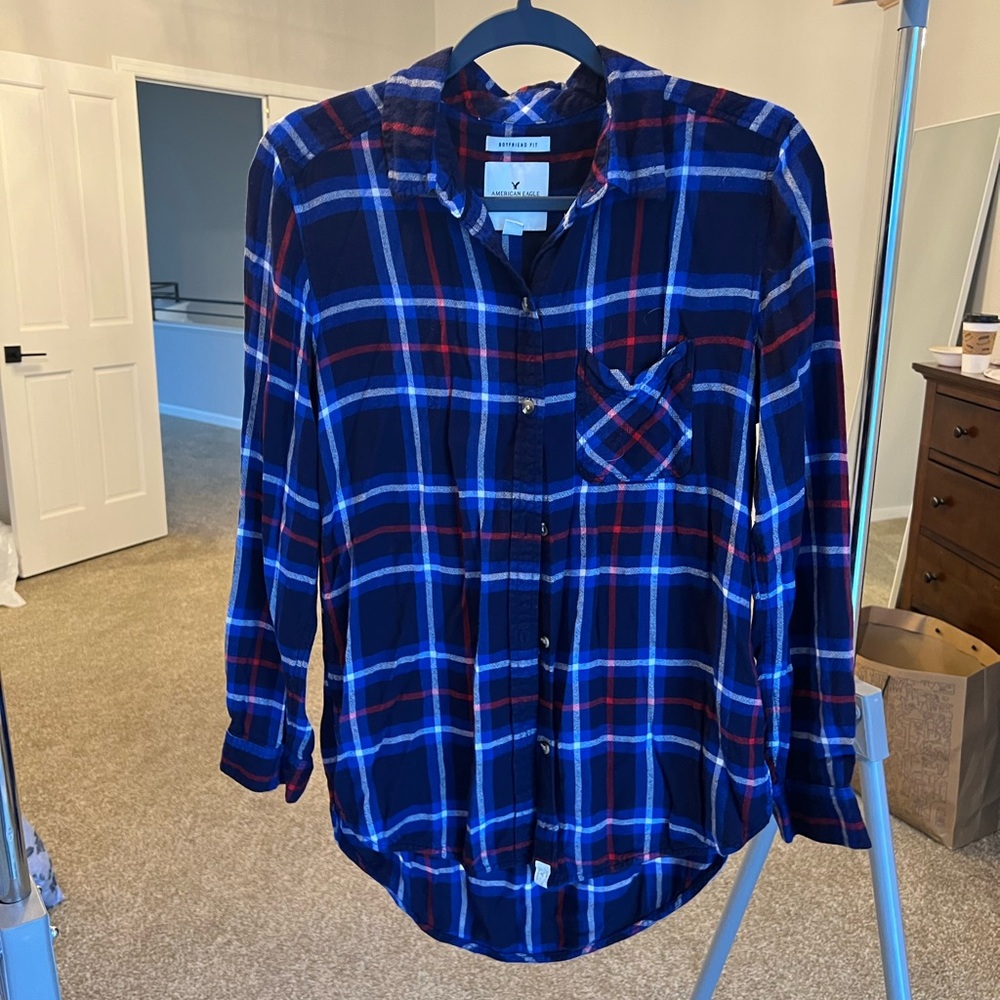 American Eagle Blue and Red Plaid Shirt